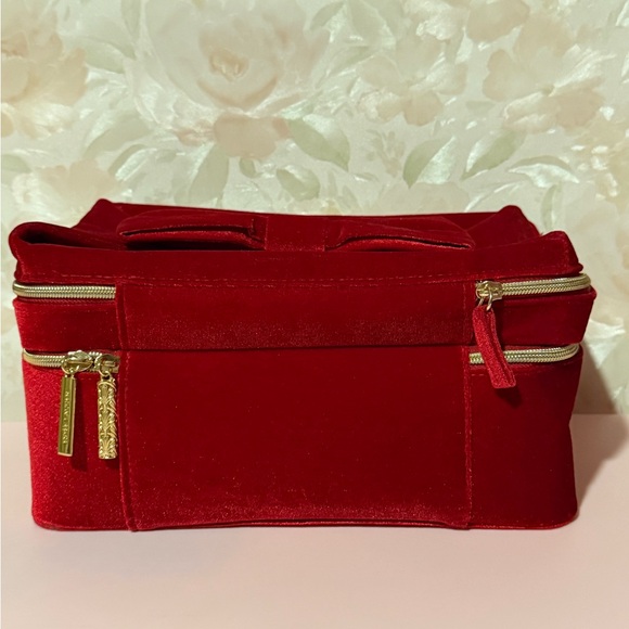 Estee Lauder Red Velvet Cosmetic Bag with Bow Handle & Gold Accents - Picture 7 of 8